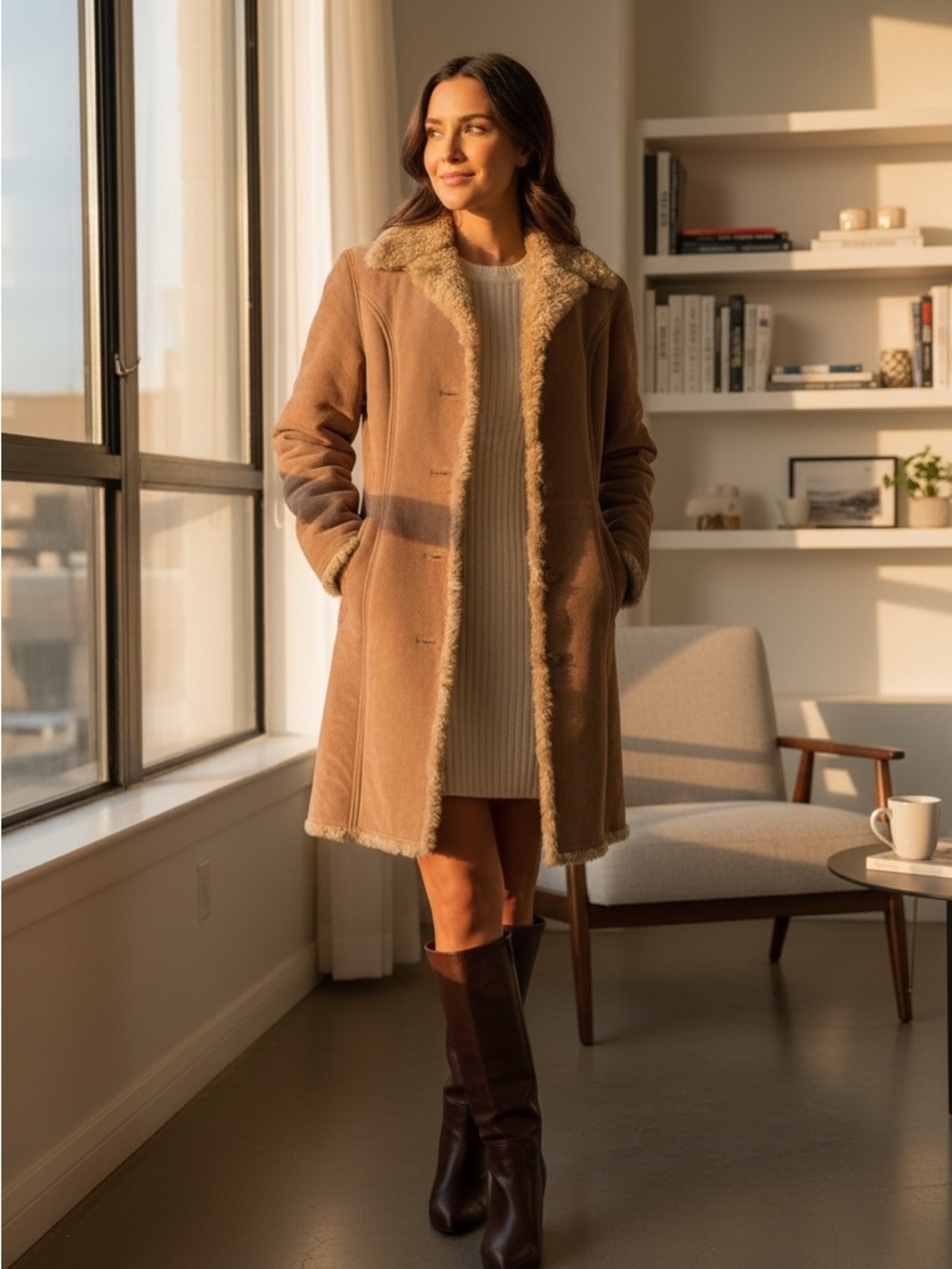 Wilson’s Maxima Shearling Leather Coat Brown Long Vintage M